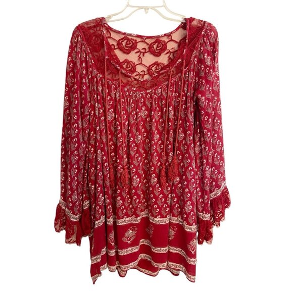 Free People Nomad Child Dress In Red Floral SZ XS Bell Sleeve Lace Boho Western - Picture 1 of 8